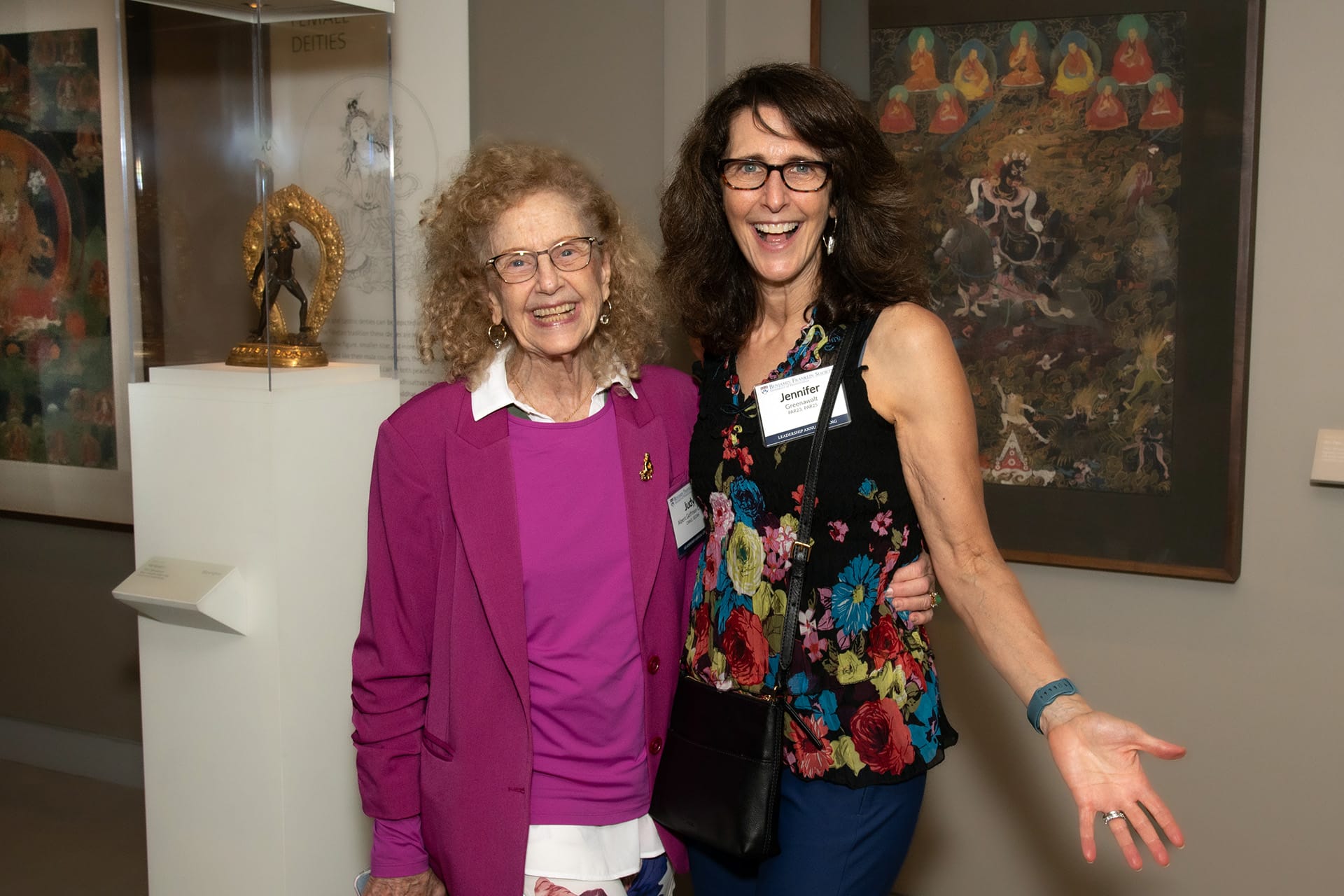 Judy Alpert Goffman Cutler, CW’63, GEd’64 (at left), and Jennifer Greenawalt, PAR’23, PAR’25 (right), shared a joyful moment in the Rubin Museum’s resplendent galleries.