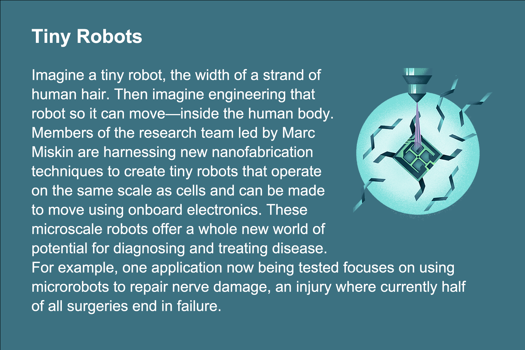 A card with an illustration of a tiny robot and the following text: Tiny Robots Imagine a tiny robot, the width of a strand of human hair. Then imagine engineering that robot so it can move—inside the human body. Members of the research team led by Marc Miskin are harnessing new nanofabrication techniques to create tiny robots that operate on the same scale as cells and can be made to move using onboard electronics. These microscale robots offer a whole new world of potential for diagnosing and treating disease. For example, one application now being tested focuses on using microrobots to repair nerve damage, an injury where currently half of all surgeries end in failure.