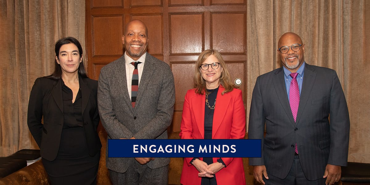 President Magill poses for a photo along with the 2022 Engaging Minds participants: Dolores Albarracín, Lance Freeman, and Kevin B. Johnson.