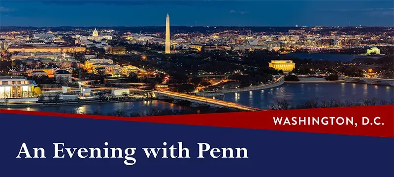 A banner graphic with a skyline view of Washington, D.C., promoting An Evening with Penn on April 28, 2026.