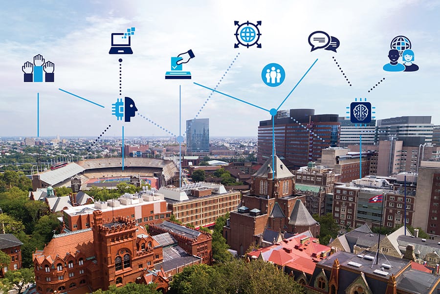 The University of Pennsylvania campus with a digital overlay of interconnected icons representing technology, AI, and global communication.