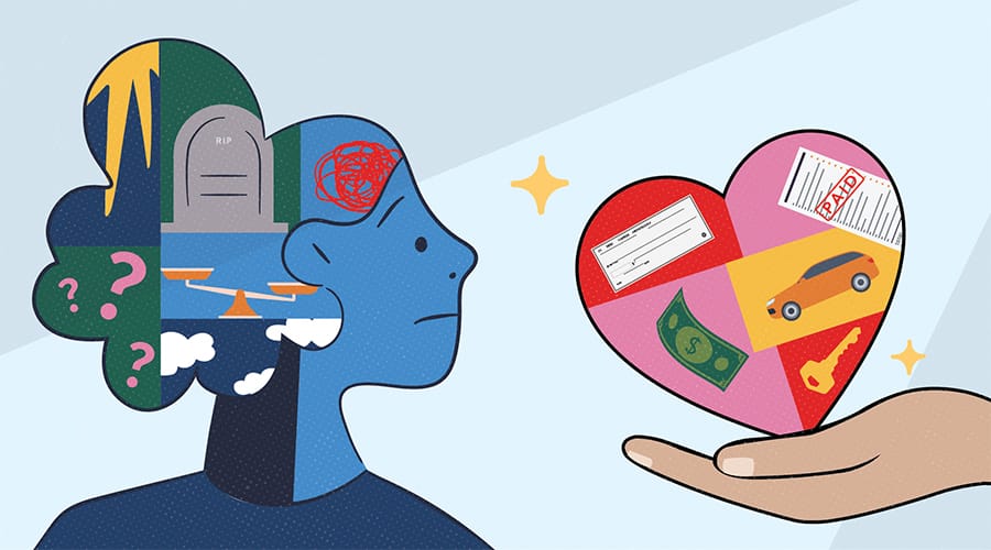 An illustrative concept showing the mental conflict between emotional and practical concerns. The left side of the image features a profile of a human head filled with dark clouds, lightning, question marks, and a grave, symbolizing worry and stress. The right side shows a hand holding an open heart-shaped box containing items like a car, money, and a 'PAID' bill, representing material security and financial stability.