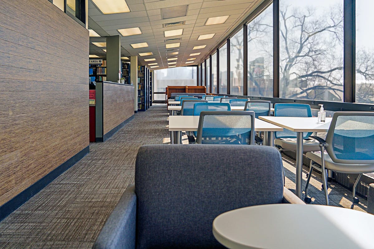 A view looking down a walkway inside the Math/Physics/Astronomy Library at the University of Pennsylvania.