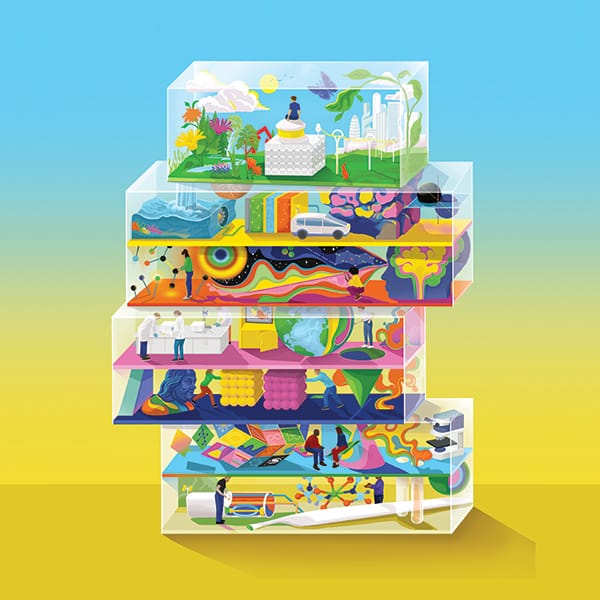 A vibrant and abstract illustration depicting various colorful, layered scenes against a gradient blue and yellow background. Each segment showcases different activities and settings: the top features a serene outdoor scene with a figure meditating, the middle segments depict lively social and technological environments with people interacting, and the bottom layers show educational and scientific setups.