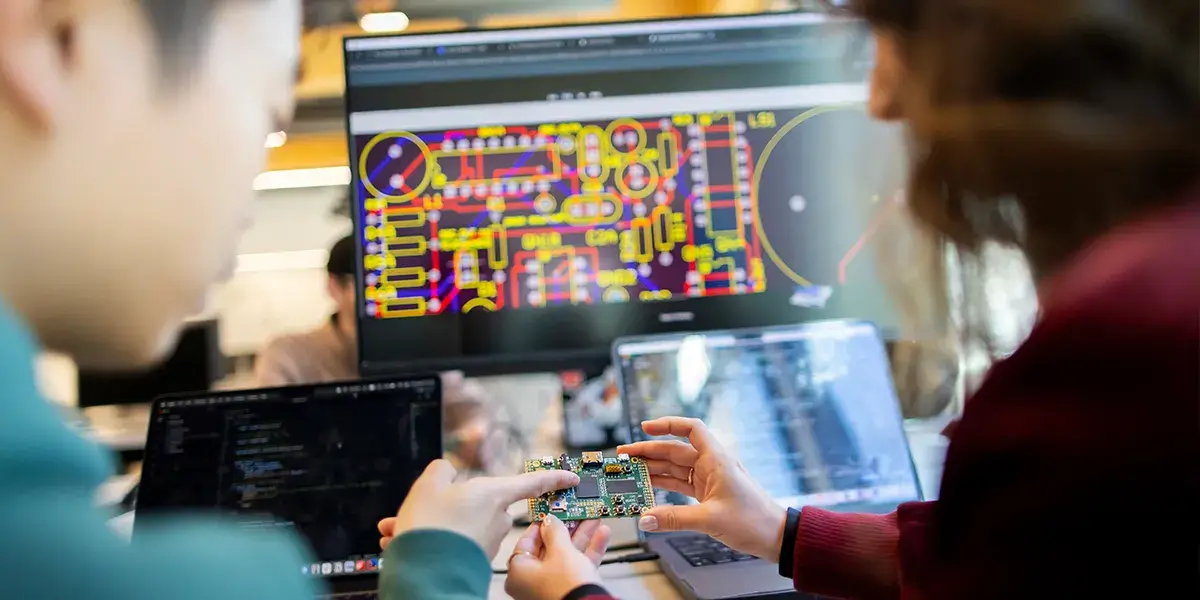 Students working together on a hands-on engineering project involving circuitry and computer code.